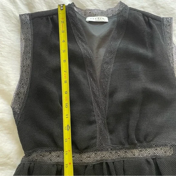 Sandro Paris Black Cocktail Plunging V-Neck Lace Trim Mini Fancy Party Dress